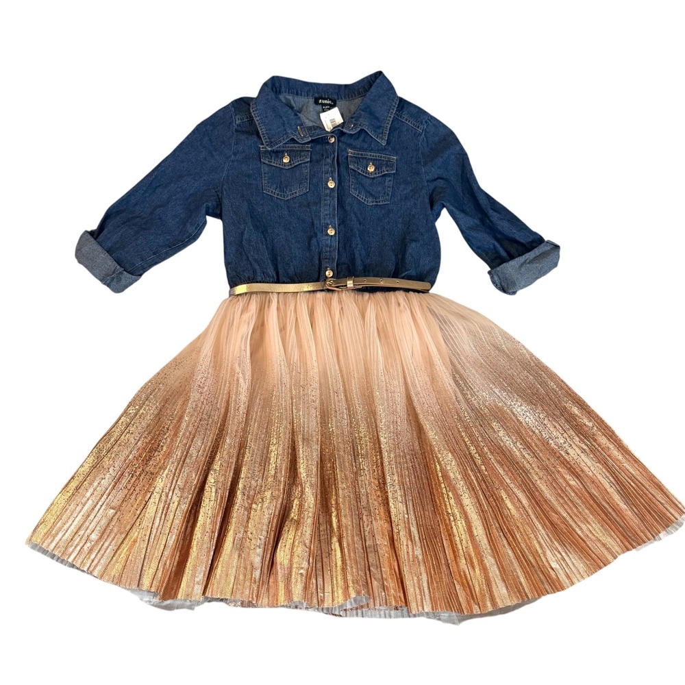 Zunie Mixed Media Dress Girls 14 Blue Pink NWT Glitter Tulle Denim Belted